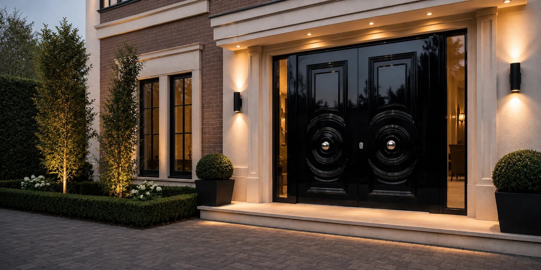 Glossy black double front doors with reeded bullseye motifs and polished chrome centre knobs